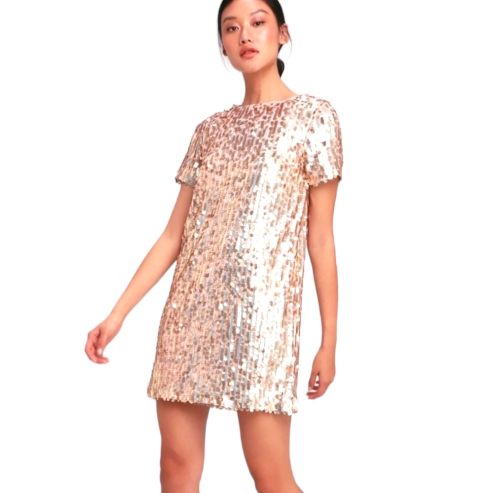 Lulu's 'So Sparkly' Blush Allover Sequined Mini Dress Deep V-back Lined Sz XS